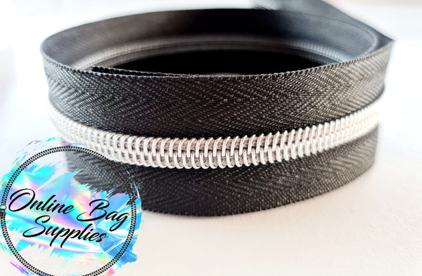 Silver with black number 5 Zipper Tape