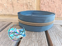 Antique Brass on Teal Number 5 Zipper Tape