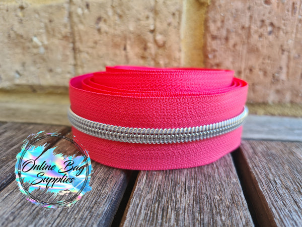 Silver on Coral number 5 zipper tape