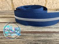 Silver on Navy Number 5 Zipper Tape